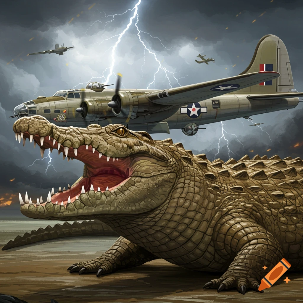 Giant crocodile and bomber plane in a stormy sky illustration