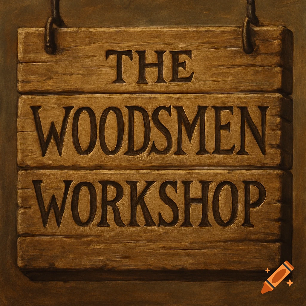 Wooden sign reading The Woodsmen Workshop, hanging by chains.