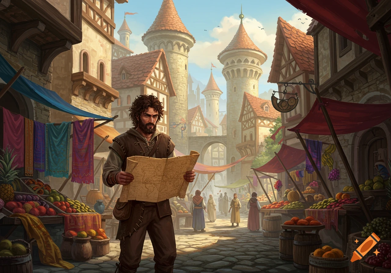 A man in leather clothing stands in a fantasy village market, studying a large map. Stalls overflow with fruits and colorful fabrics.
