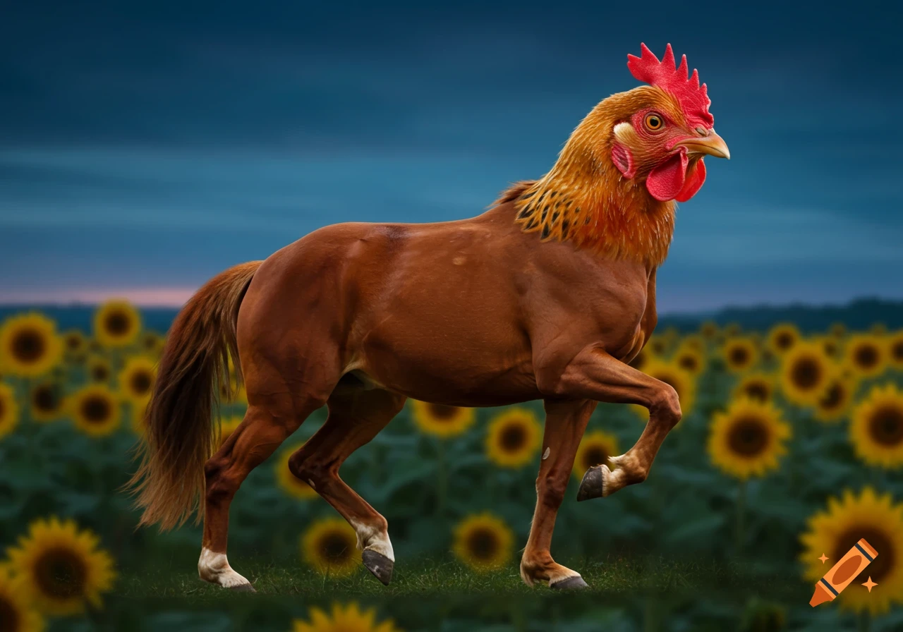 Surreal creature with chicken head and horse body in a sunflower field