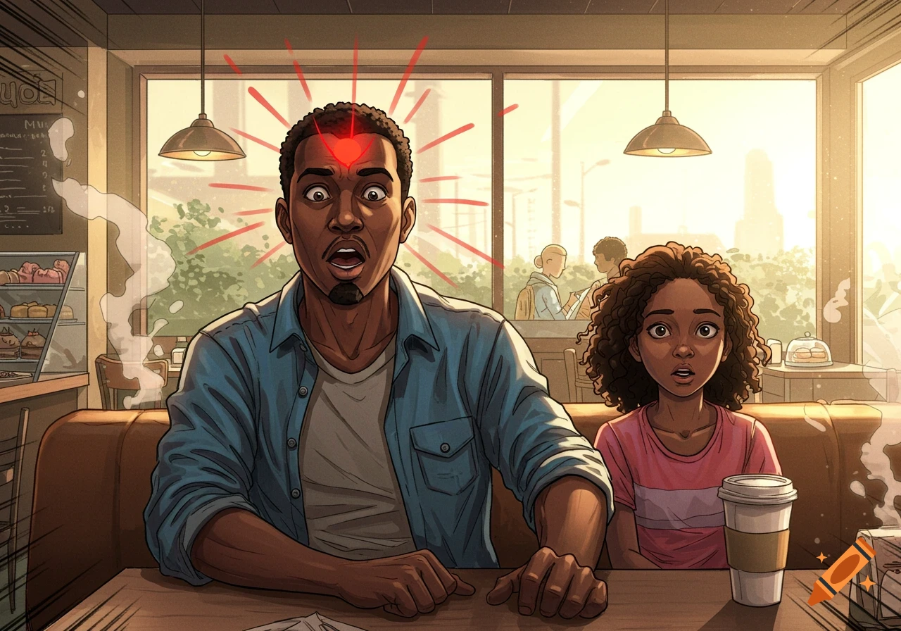 A man in a cafe reacts in surprise as red lines emanate from his forehead, like a spider sense, while a girl looks on. Comic book style.