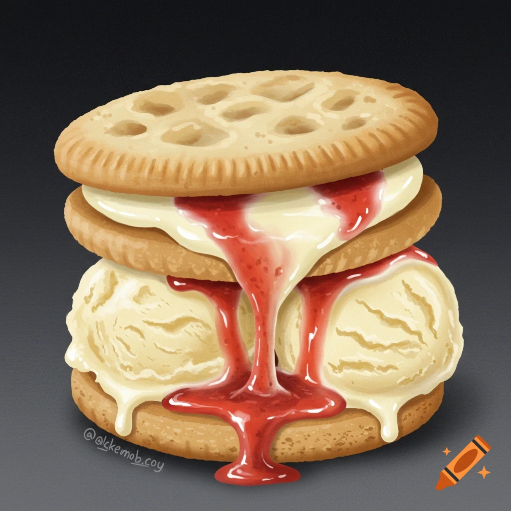 A delicious-looking dessert sandwich with cookies, vanilla ice cream scoops, cream, and dripping strawberry sauce on a dark background.