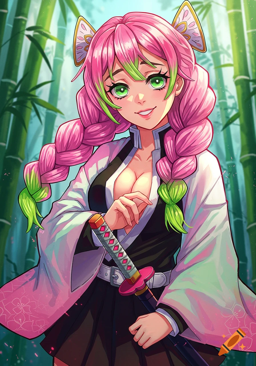 Mitsuri Kanroji anime illustration with sword in bamboo forest