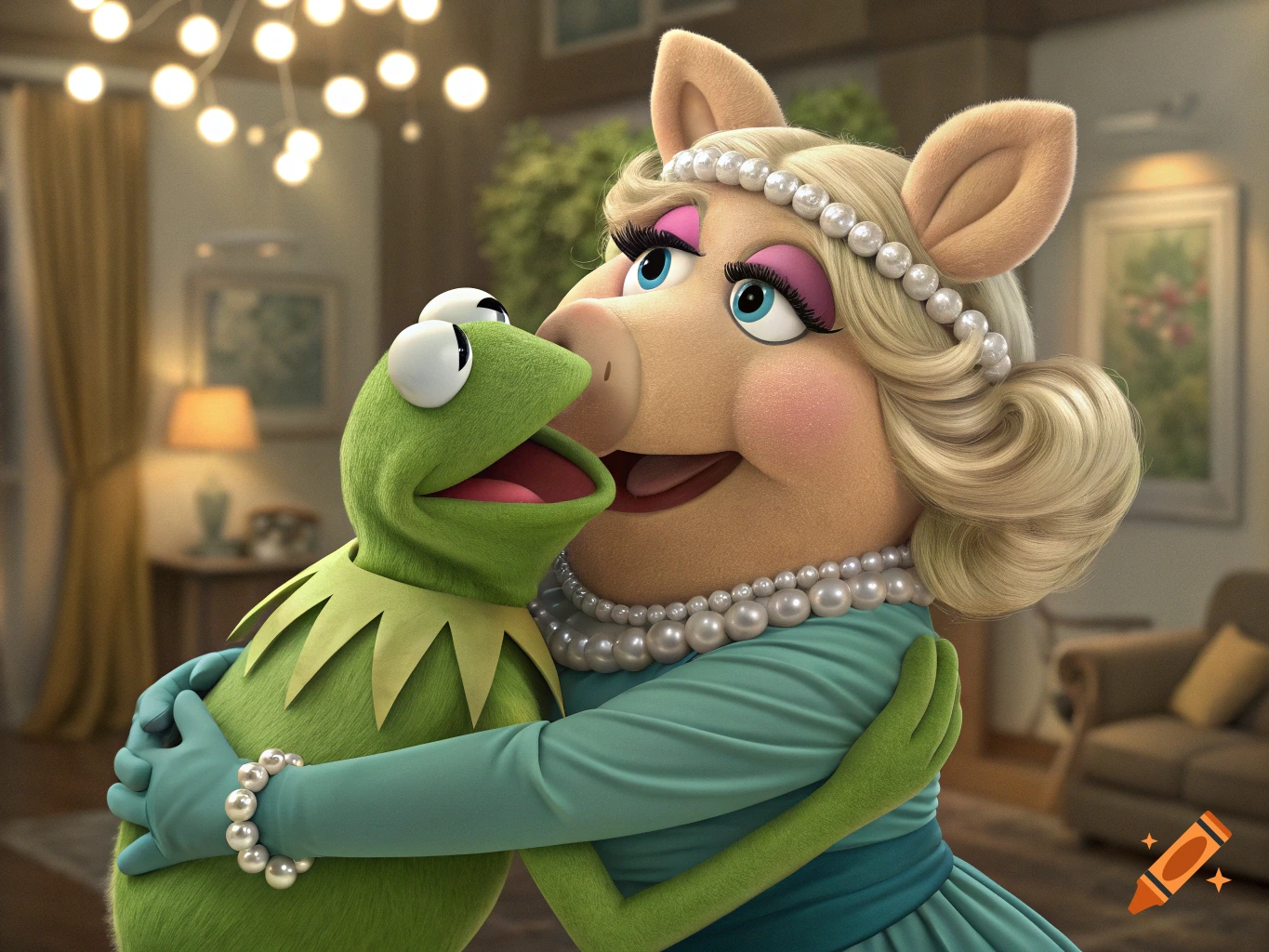 Kermit the frog hugging Miss Piggy, who wears a teal dress and pearls.
