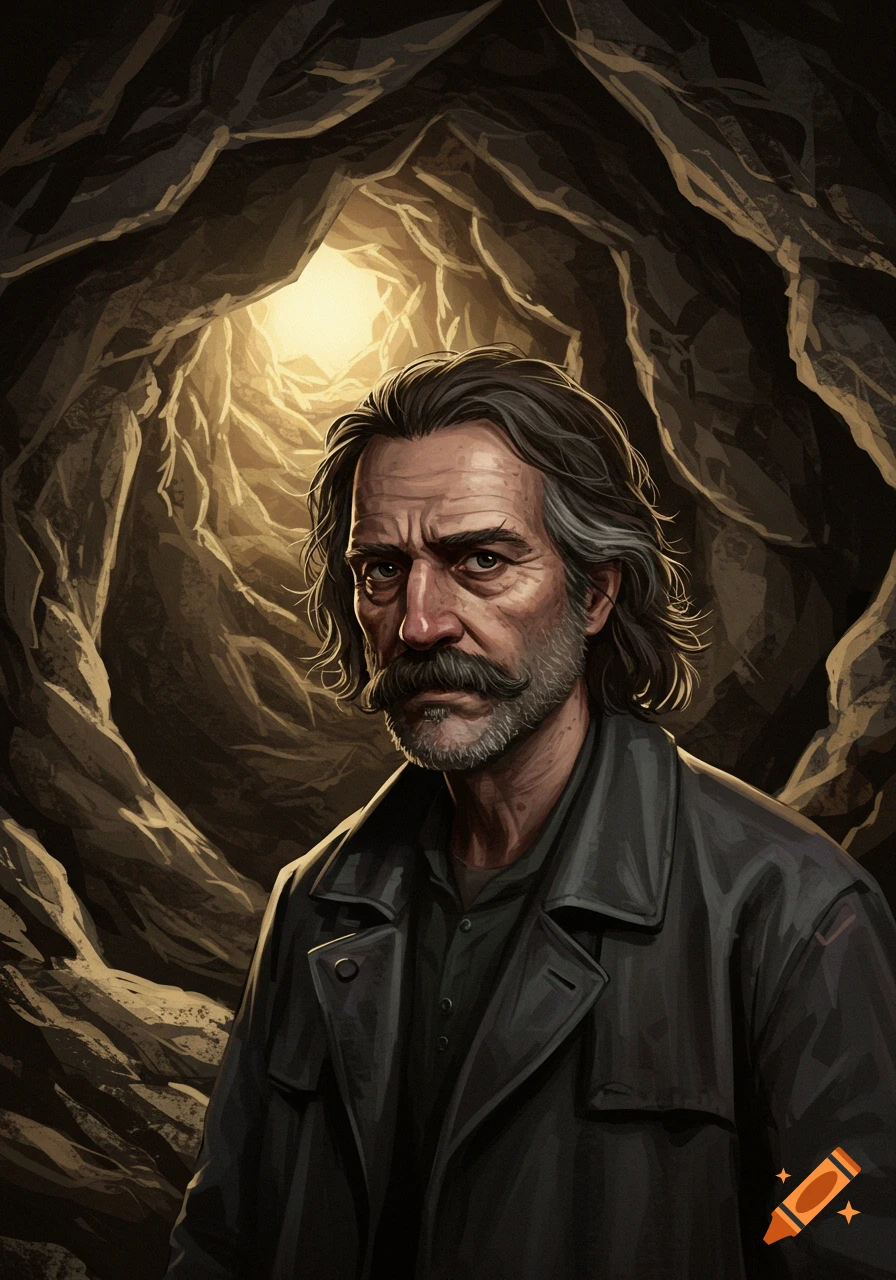 Portrait of a man with a moustache and beard in a cave.