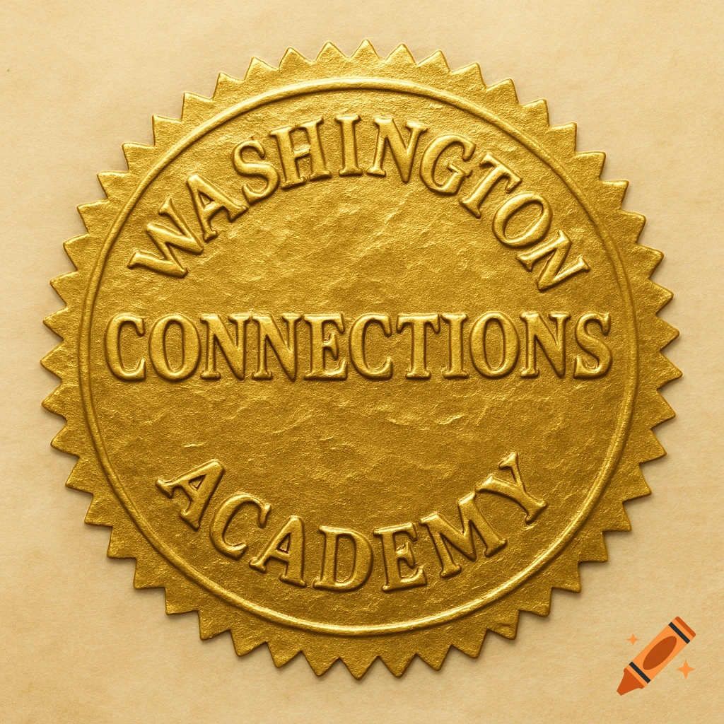 Gold foil seal with embossed text 'Washington Connections Academy'.