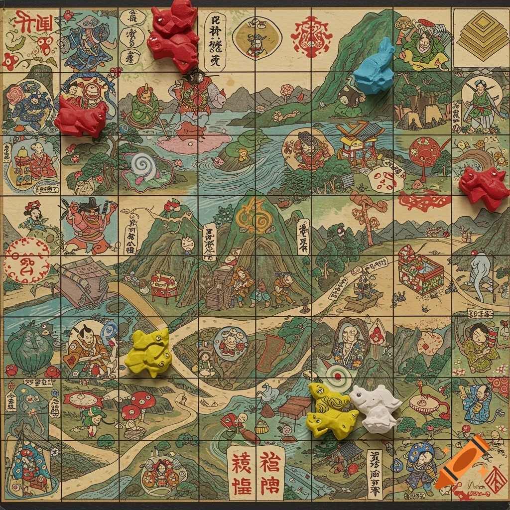 Japanese style board game with folklore creatures and game pieces on the board.