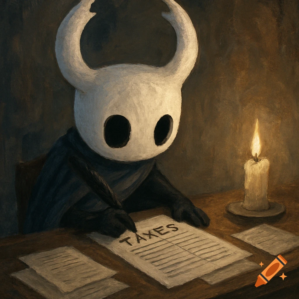 Hollow Knight character sits at a desk writing 'TAXES' by candlelight in a painterly style.