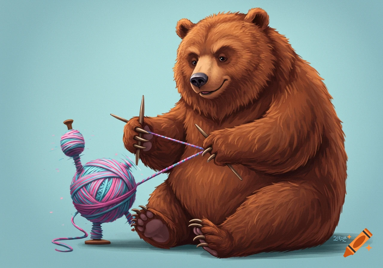 A brown bear sits and knits with pink and blue yarn. Illustration.
