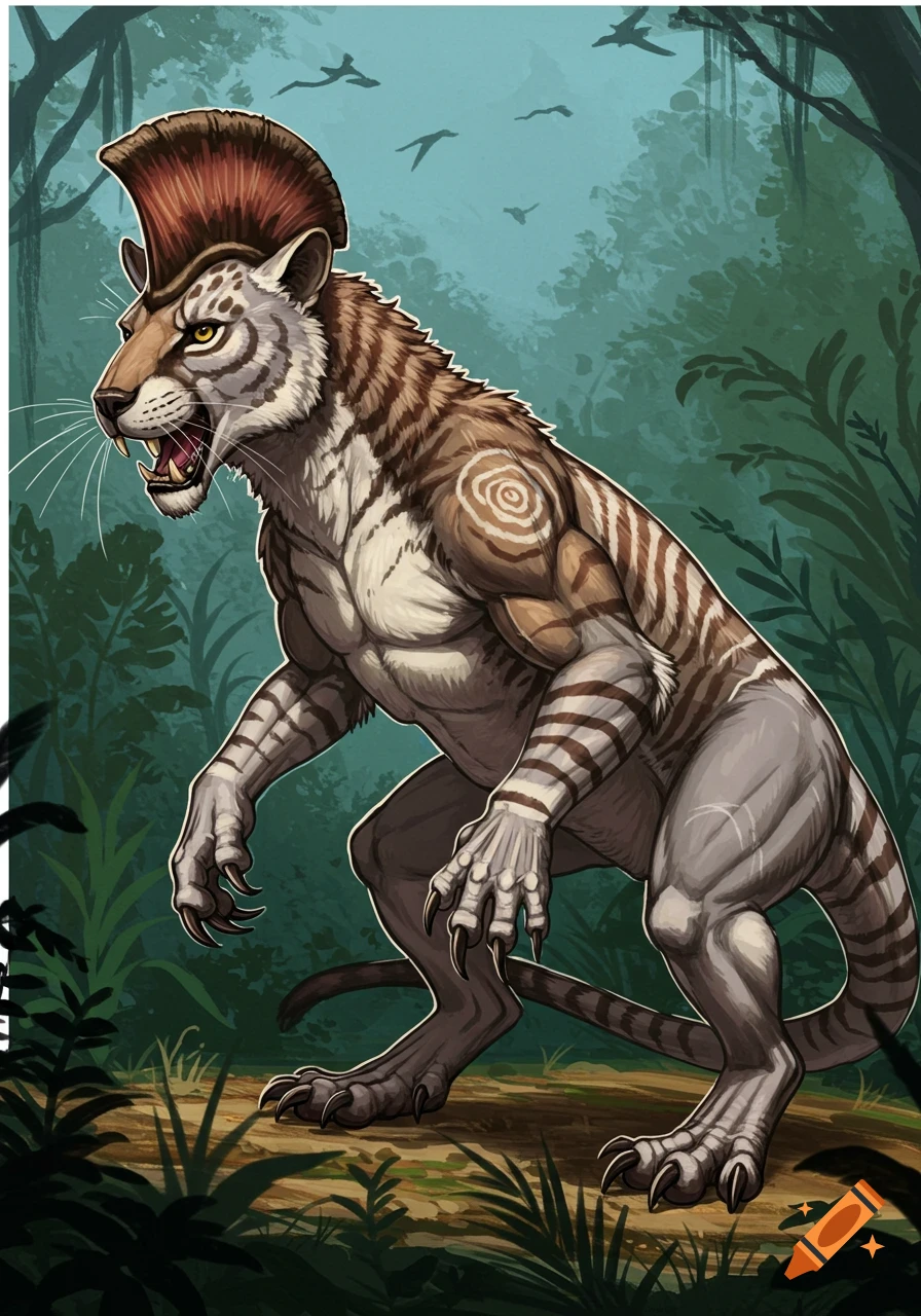 Illustration of a bipedal, muscular creature resembling a tiger with a mohawk, standing in a jungle.