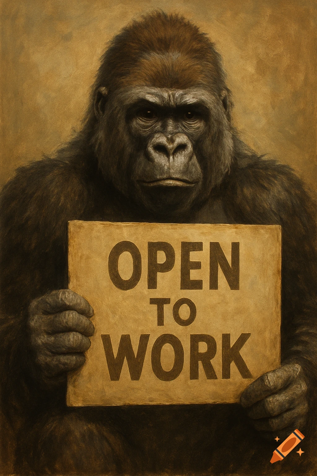 A painted gorilla holding a sign that says "OPEN TO WORK".