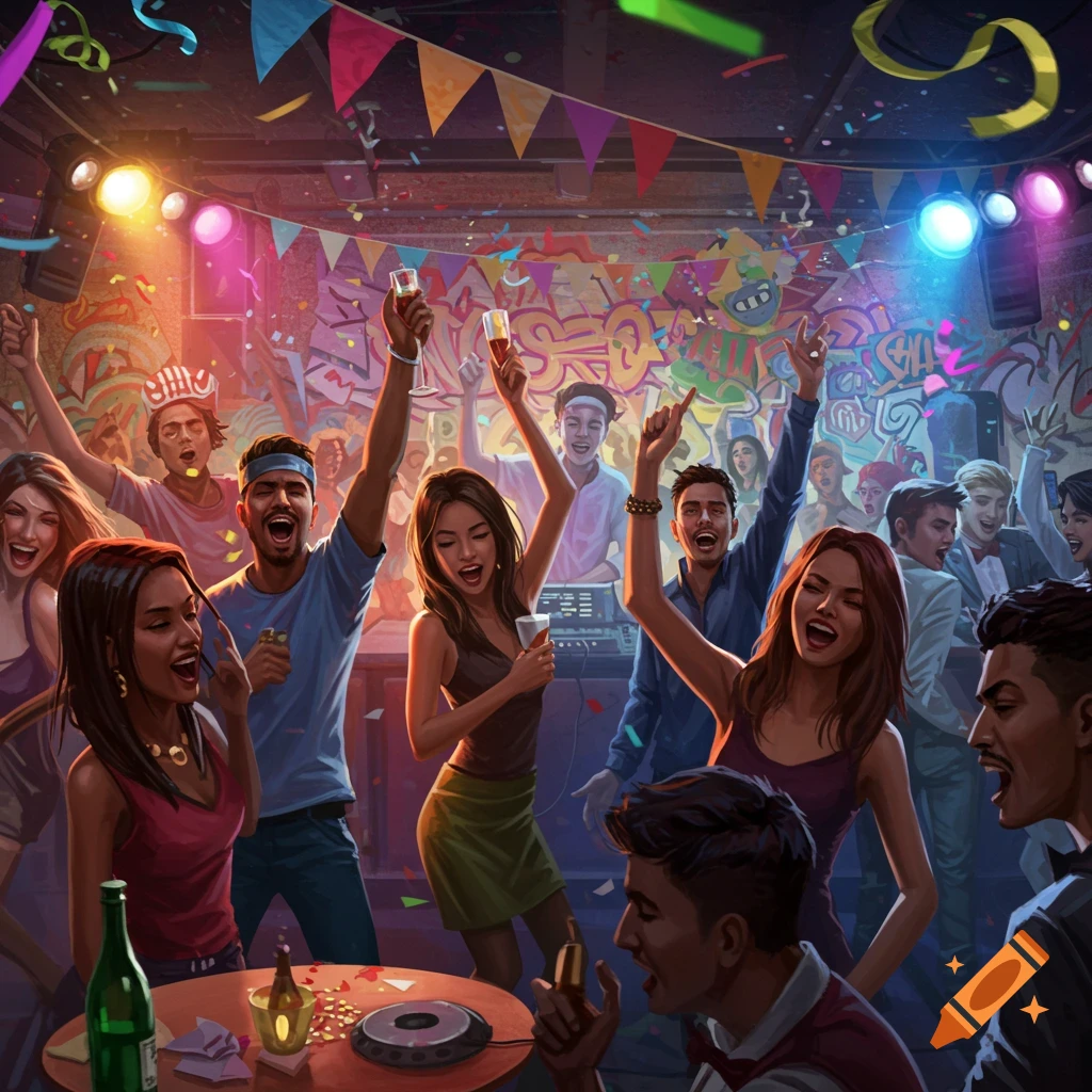 A vibrant, crowded party scene with people dancing and celebrating under colorful lights.