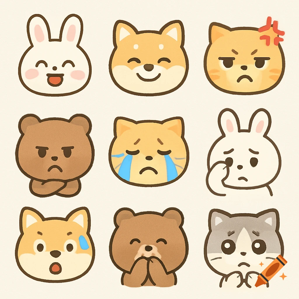 Nine cute animal faces expressing various emotions
