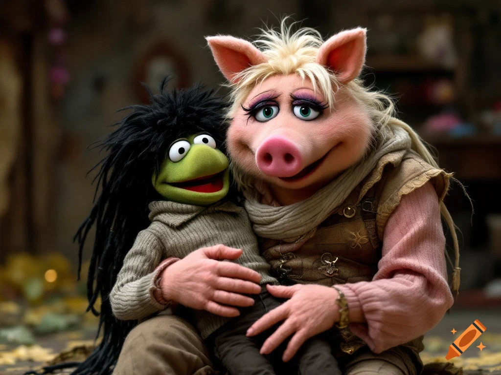 Photorealistic image of Miss Piggy holding a small, lanky creature with dark hair and big eyes on her lap.