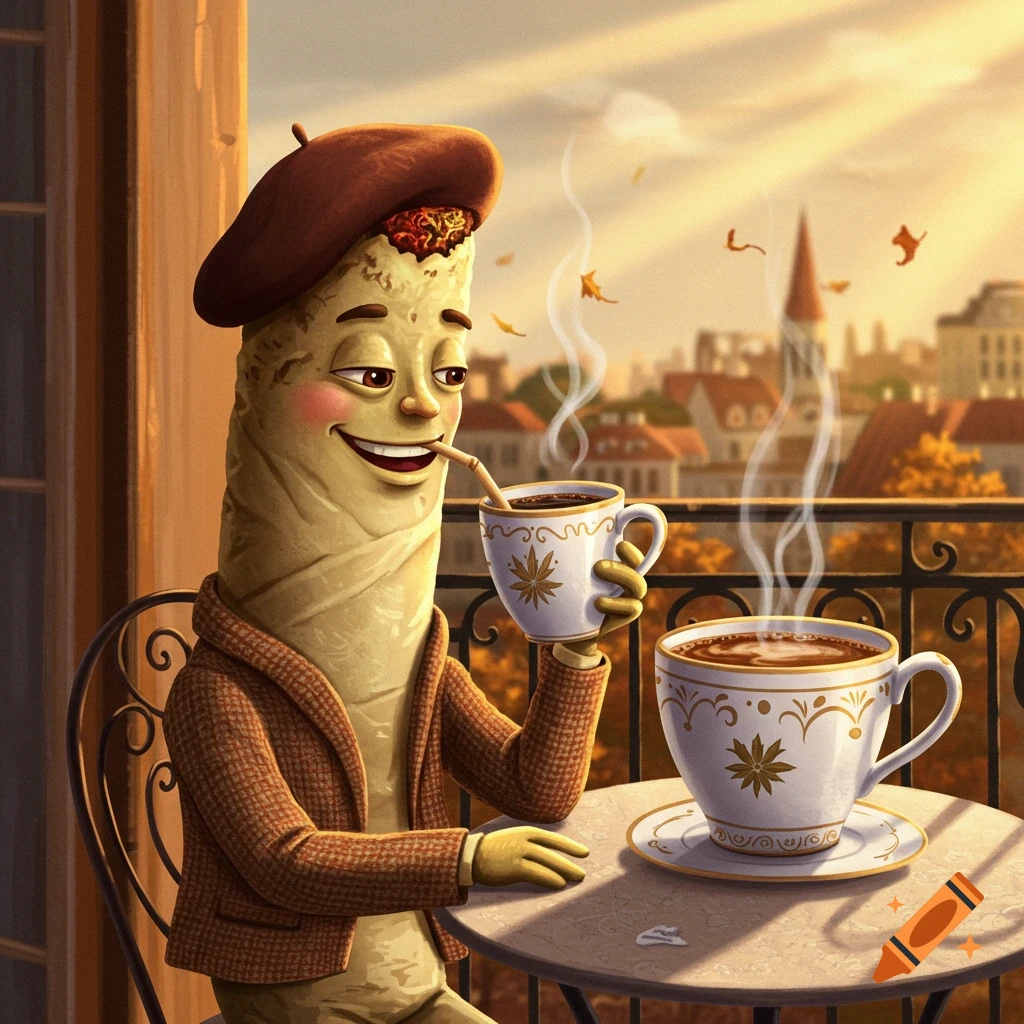 Cartoon joint character in beret sips coffee on balcony overlooking autumn cityscape.