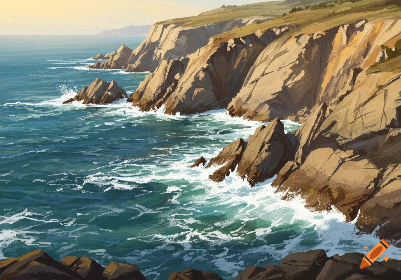 A painting of a rocky coastline with waves crashing on the shore under a bright sky.
