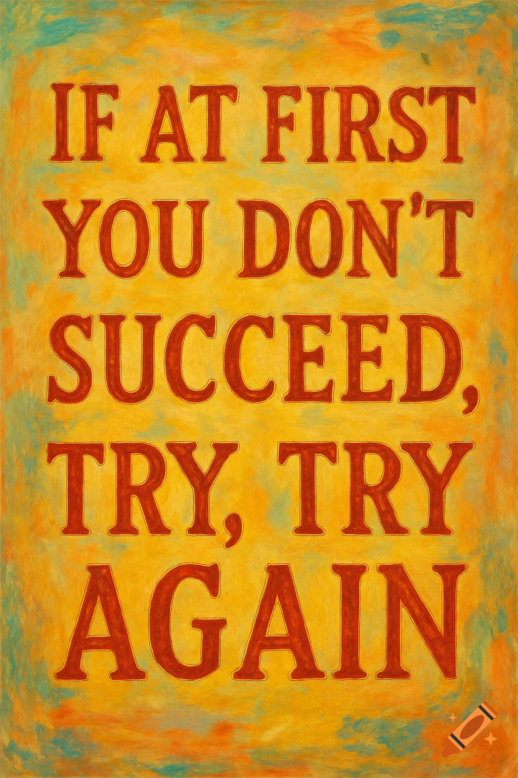Inspirational quote "If at first you don't succeed, try, try again" in red text on a yellow painted background.