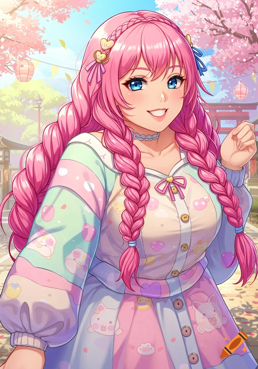 Smiling anime girl with pink braided hair in pastel outfit, cherry blossoms background