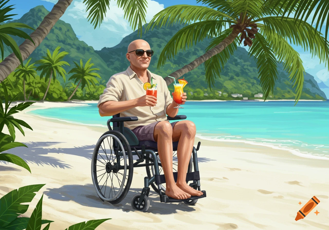 A bald man in a wheelchair sits on a tropical beach under a palm tree, holding two cocktails.