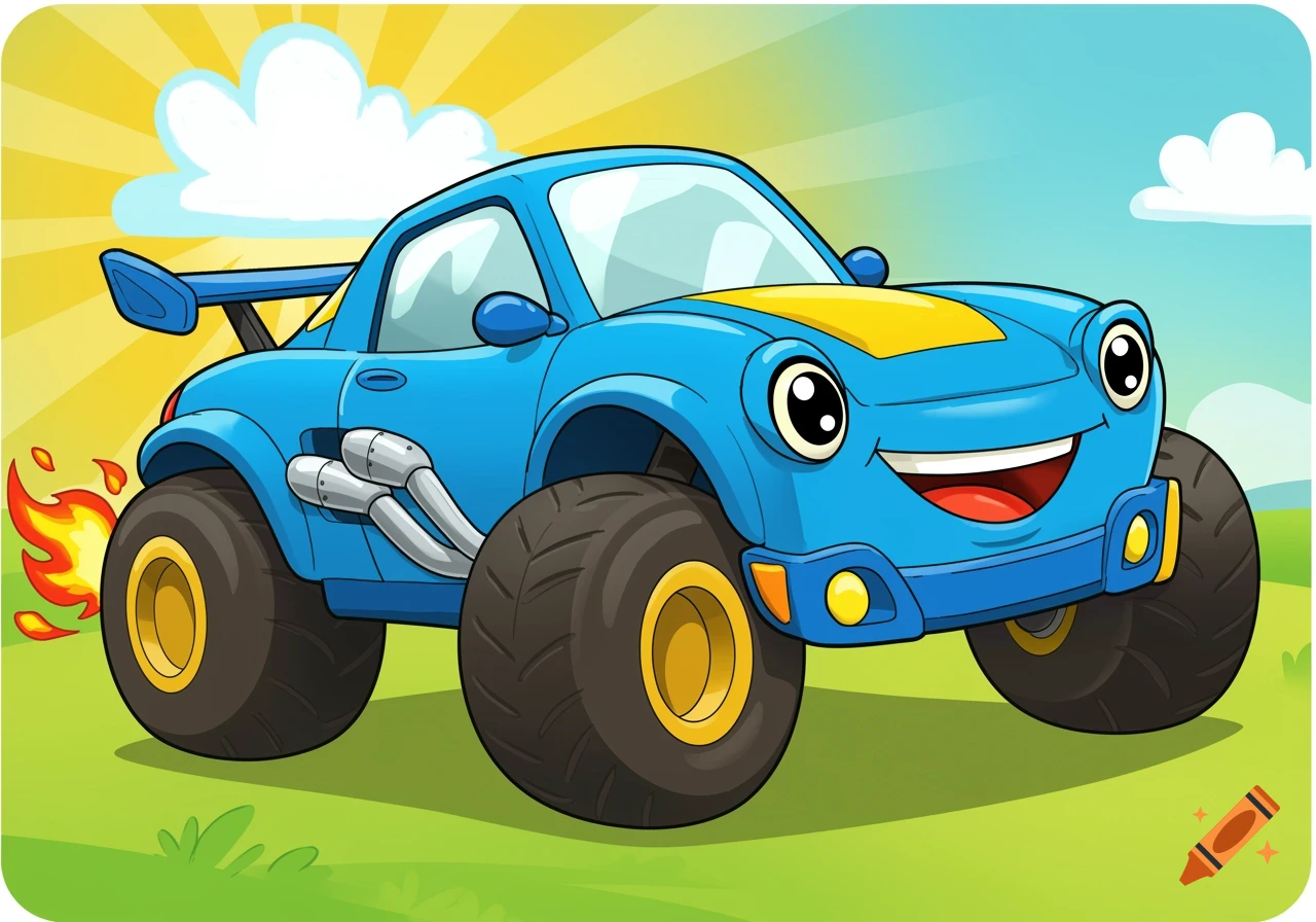 A blue cartoon monster truck with big tires and flame exhaust.