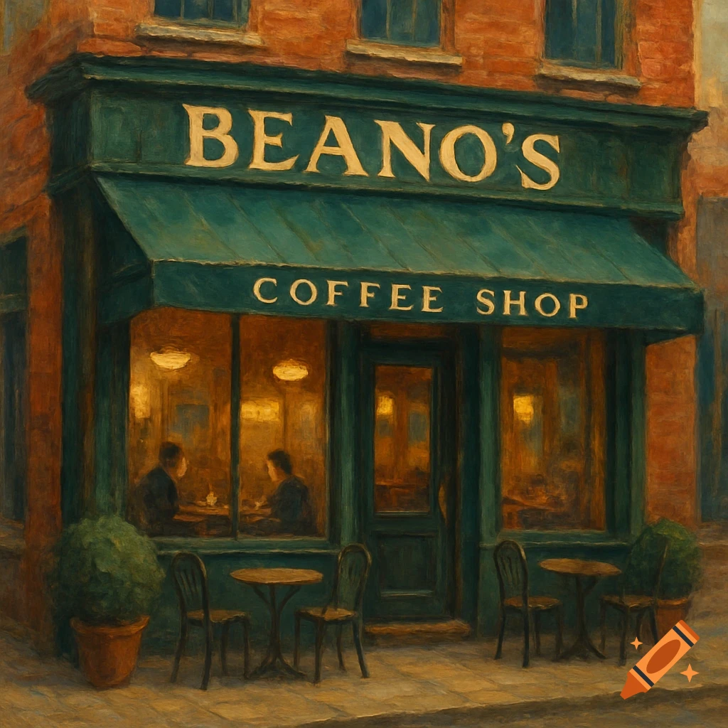 A painterly image of Beano's Coffee Shop with tables outside and people inside.