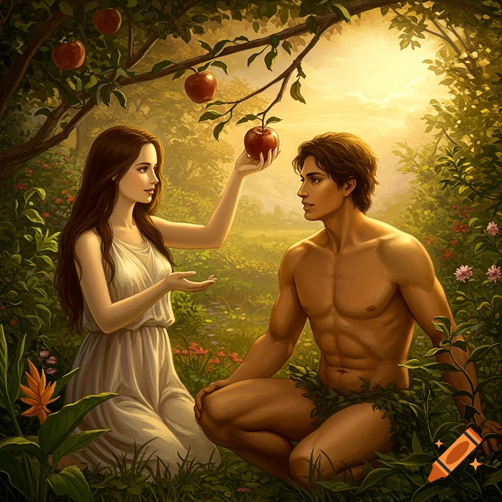 Adam and Eve in the Garden of Eden, Eve holding an apple to Adam, digital painting.