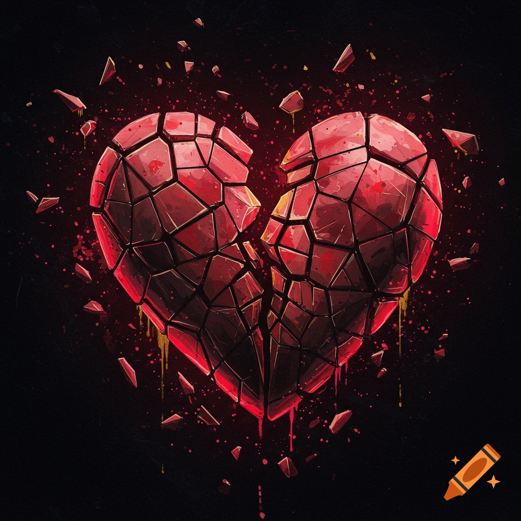 Stylized red heart shattered into geometric pieces with splatters on a black background