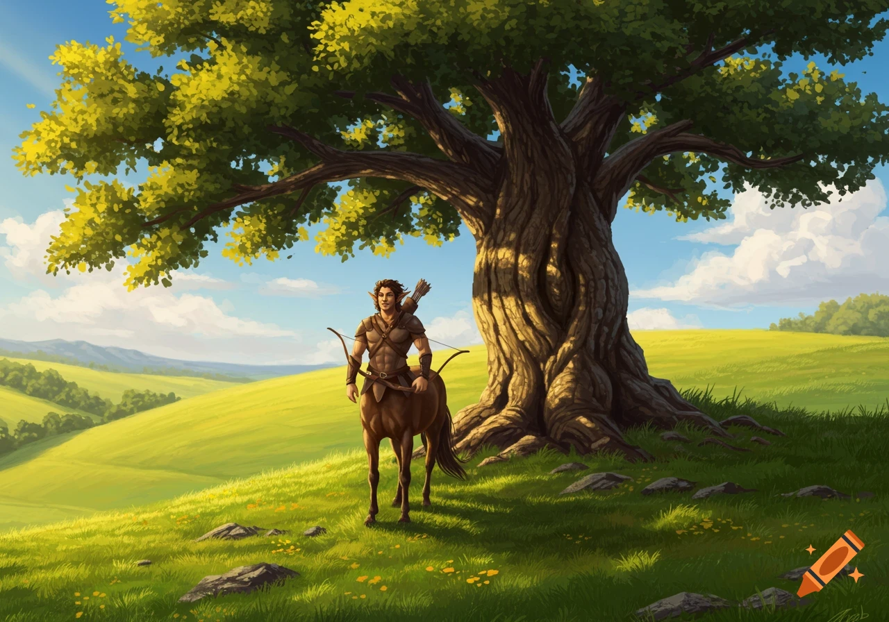A centaur stands near a large tree on a grassy hill under a blue sky.