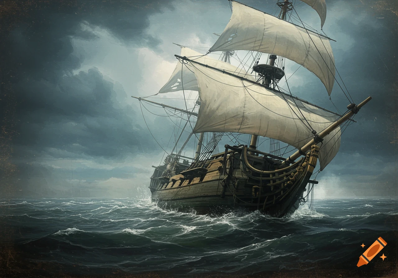 An antique painting style image of a ship with torn sails on a stormy sea.