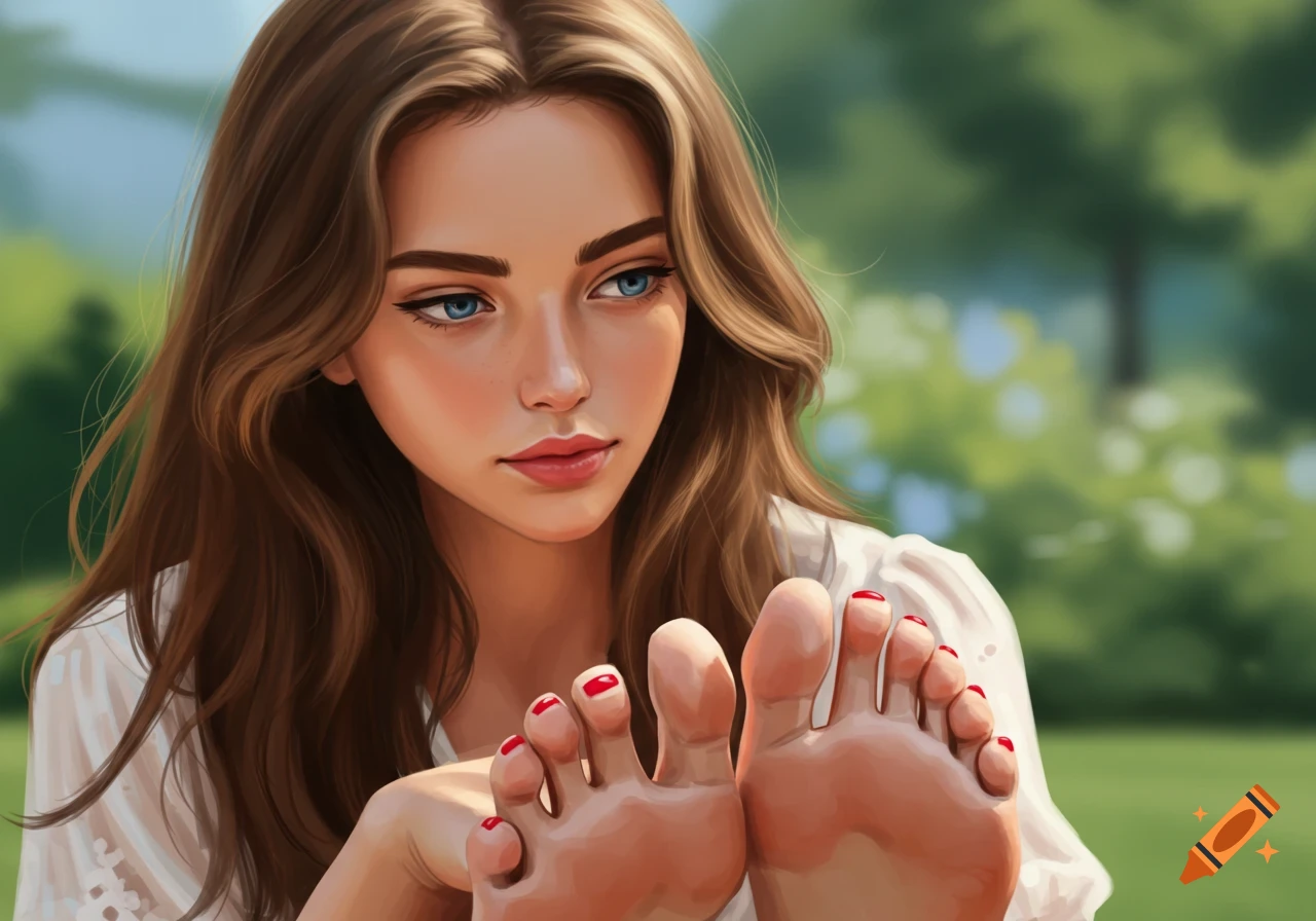 Illustration of a woman holding up her feet with red toenails.