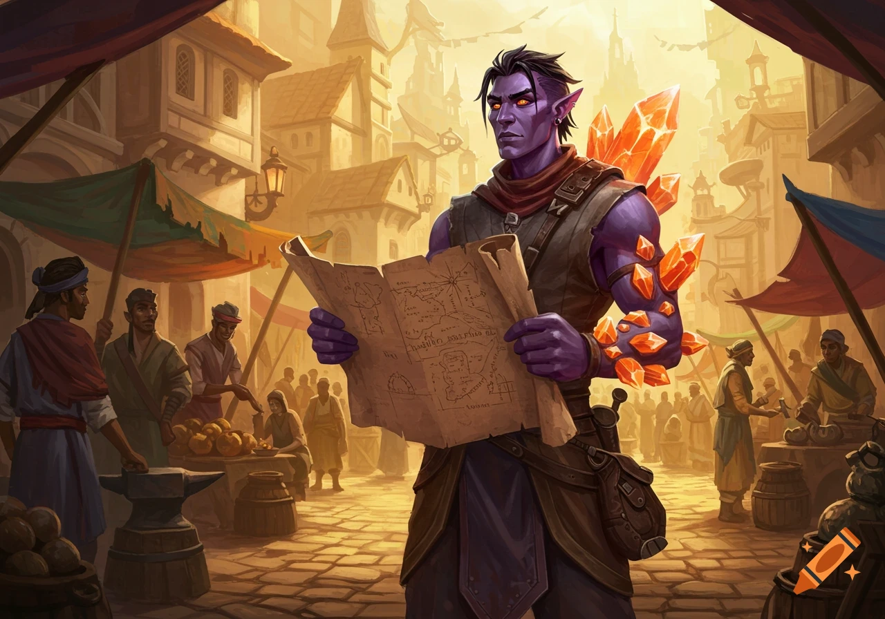 Purple-skinned fantasy character reading a map in a busy village marketplace.