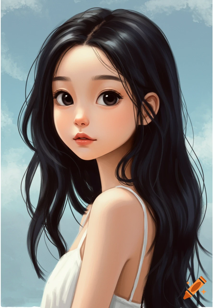 Illustration of a girl with long black hair against a blue sky