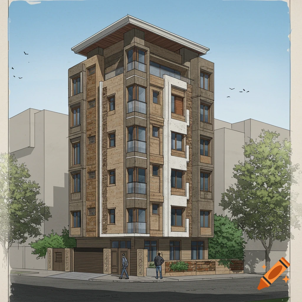 Architectural rendering of a modern multi-story building with trees and people on a street.