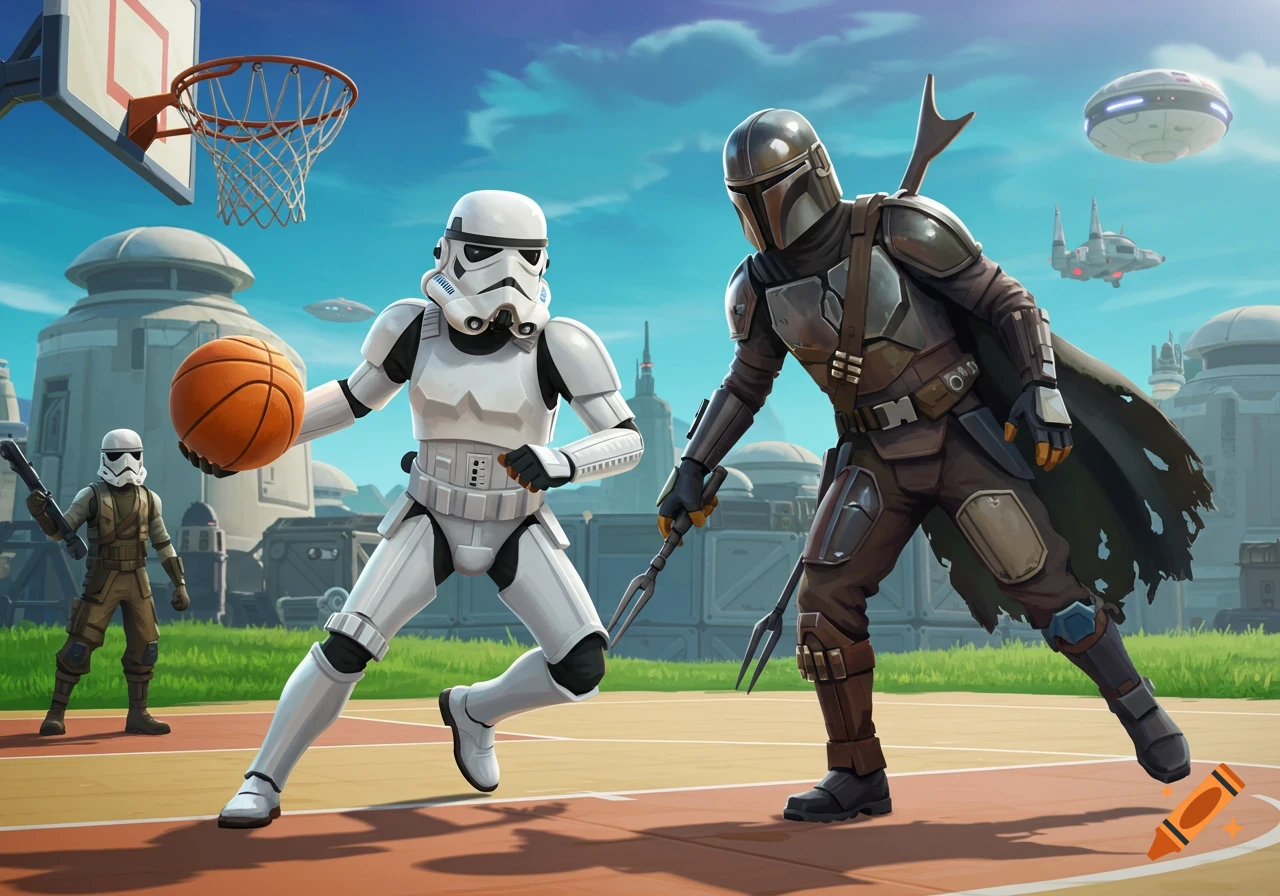 A Stormtrooper and the Mandalorian play basketball on an outdoor court in a stylized setting.