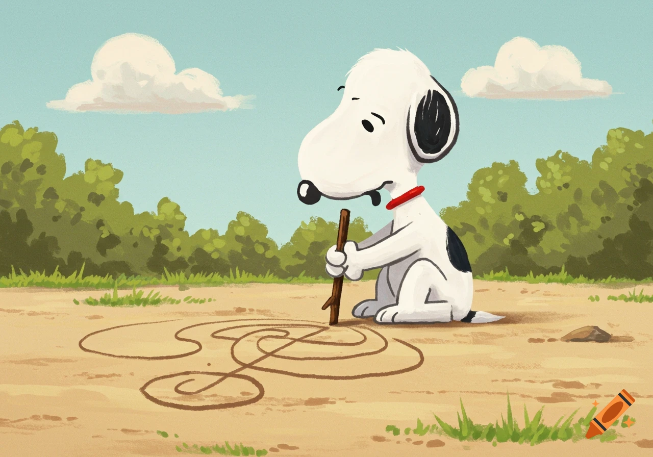 Snoopy the dog draws in the dirt with a stick in a cartoon style.