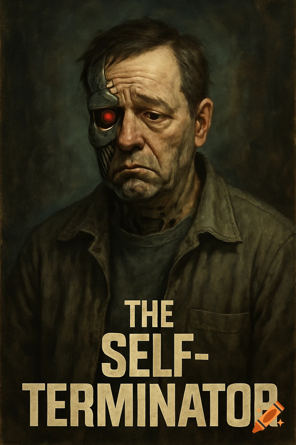 Painting of a man with a cyborg face and red eye, with the title 'The Self-Terminator' below.