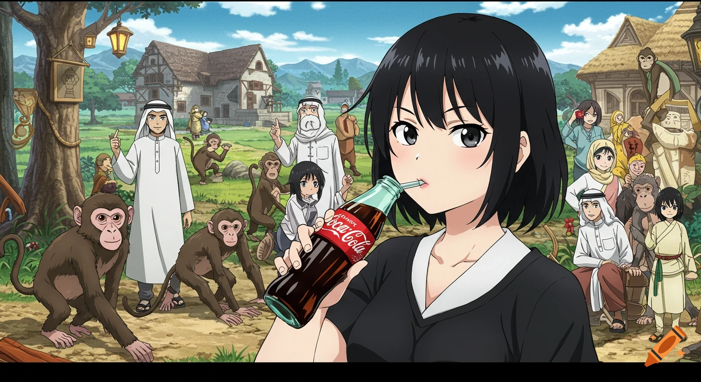 Anime girl drinks Coca-Cola amidst monkeys and people in a village setting.
