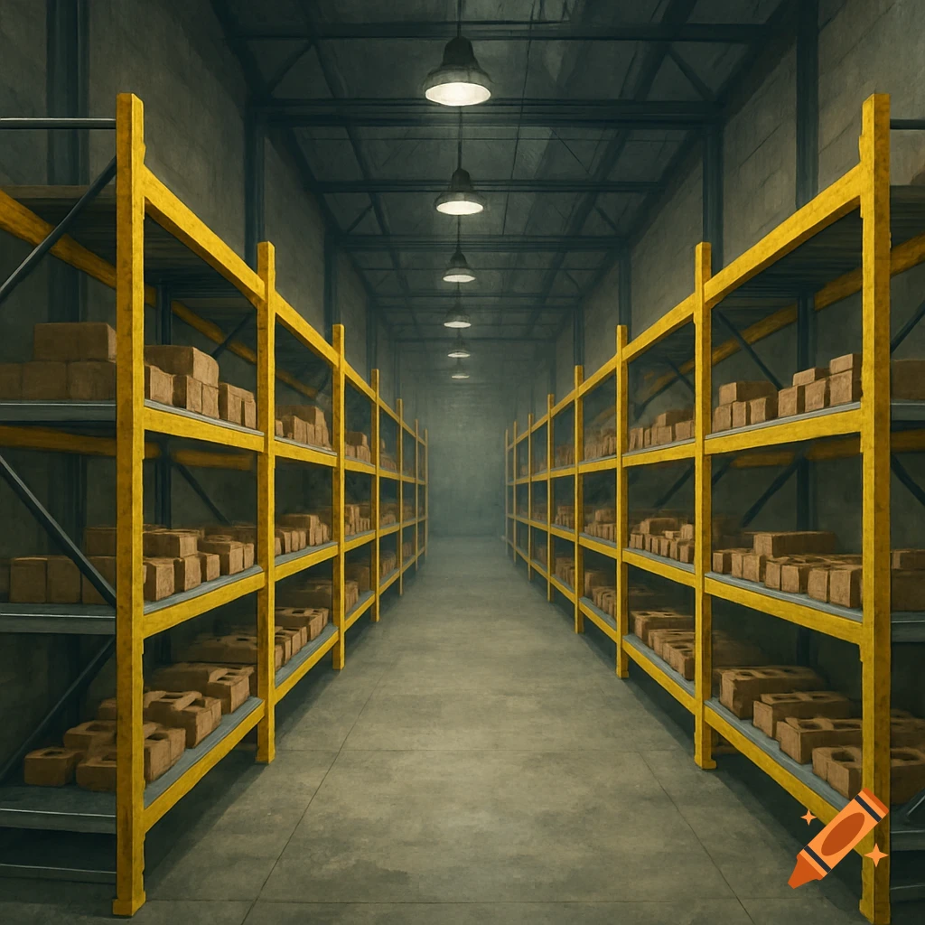 Long warehouse aisle with yellow shelves filled with boxes, illuminated by lights.