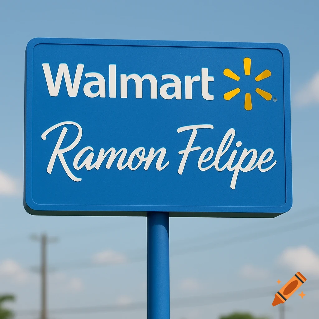 A blue sign with the Walmart logo and the name Ramon Felipe.