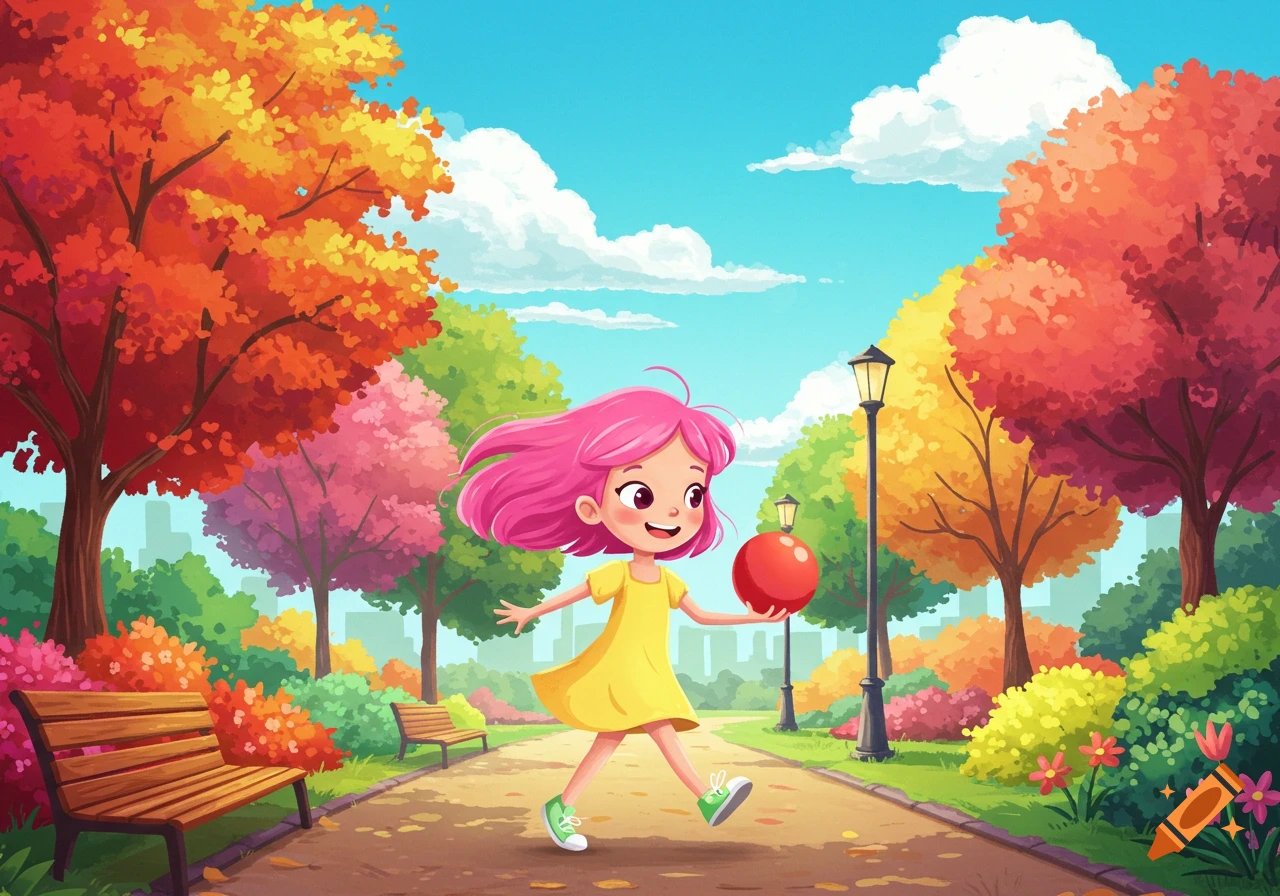 A cartoon girl with pink hair walks in an autumn park holding a red ball.