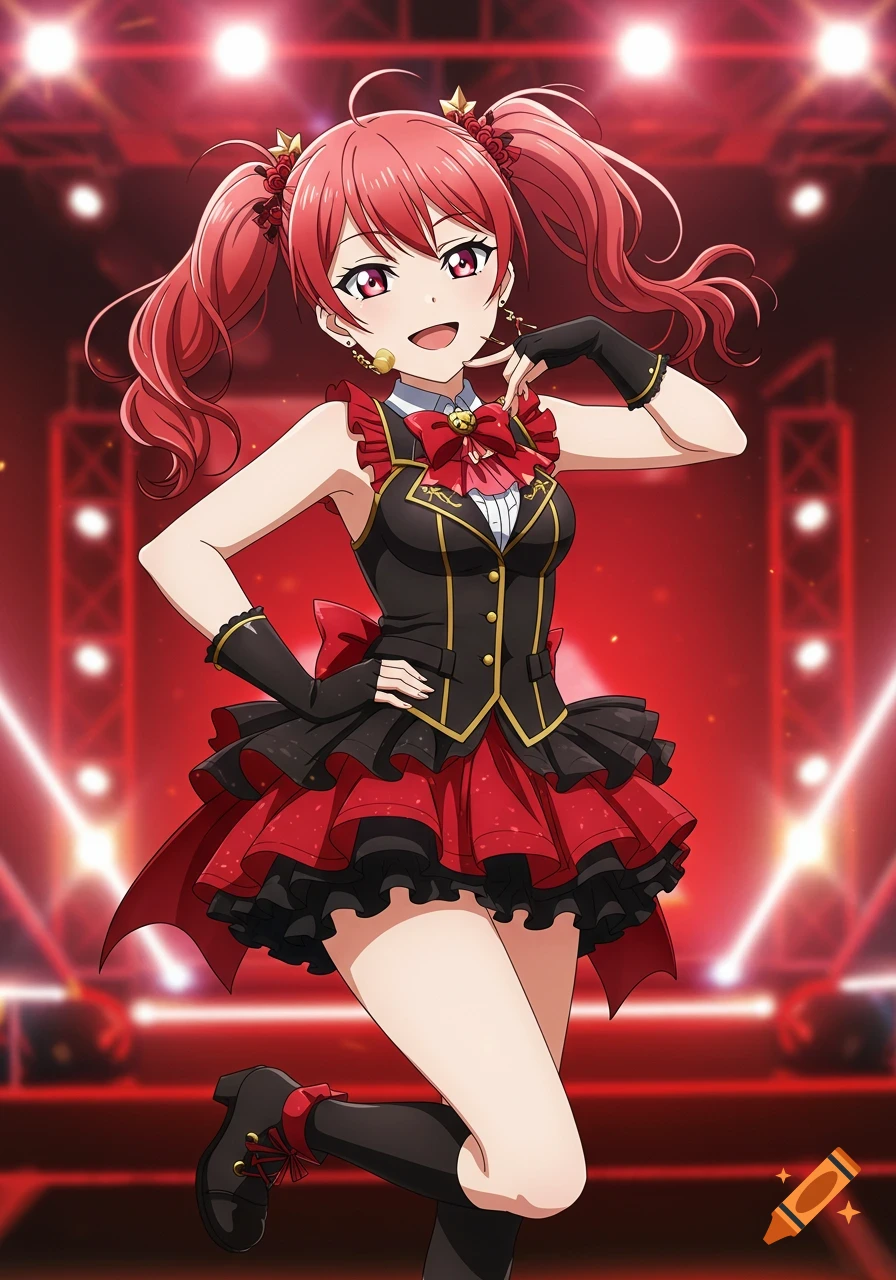 Anime idol girl with red hair on a stage