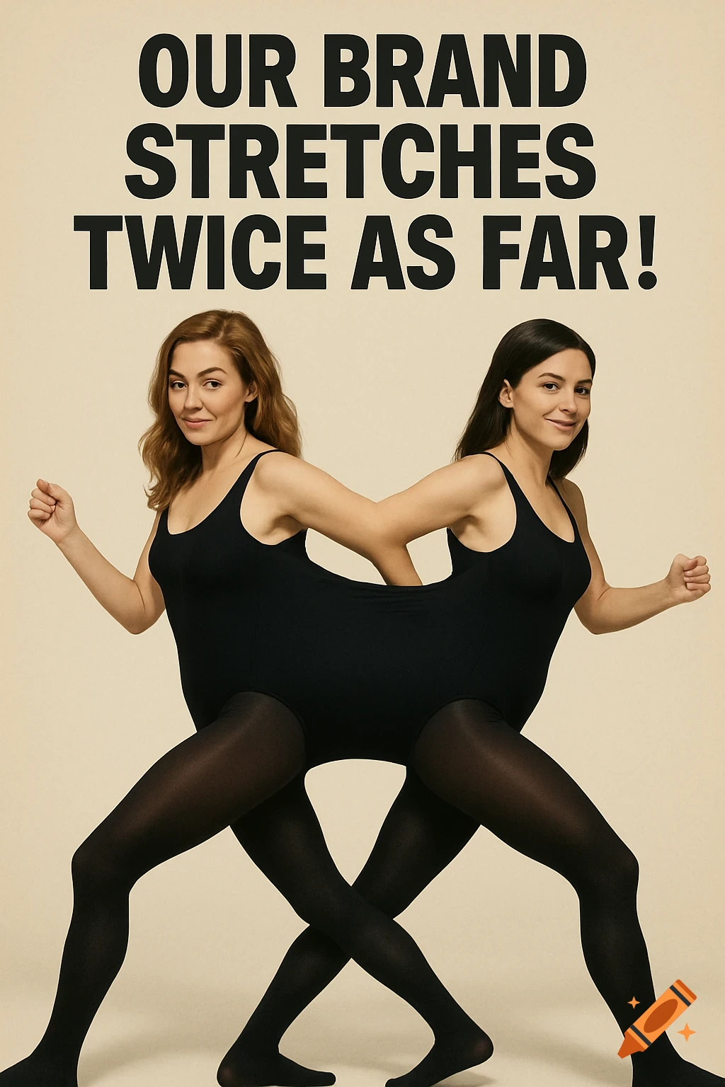 Two women in black leotard and tights stretching the leotard, text reads 'OUR BRAND STRETCHES TWICE AS FAR!'. Studio photo.