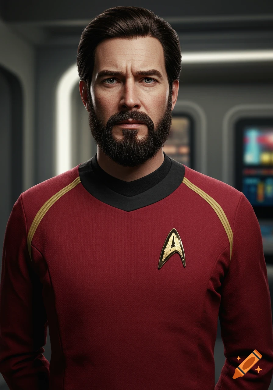Realistic portrait of a man with a beard in a red Starfleet uniform