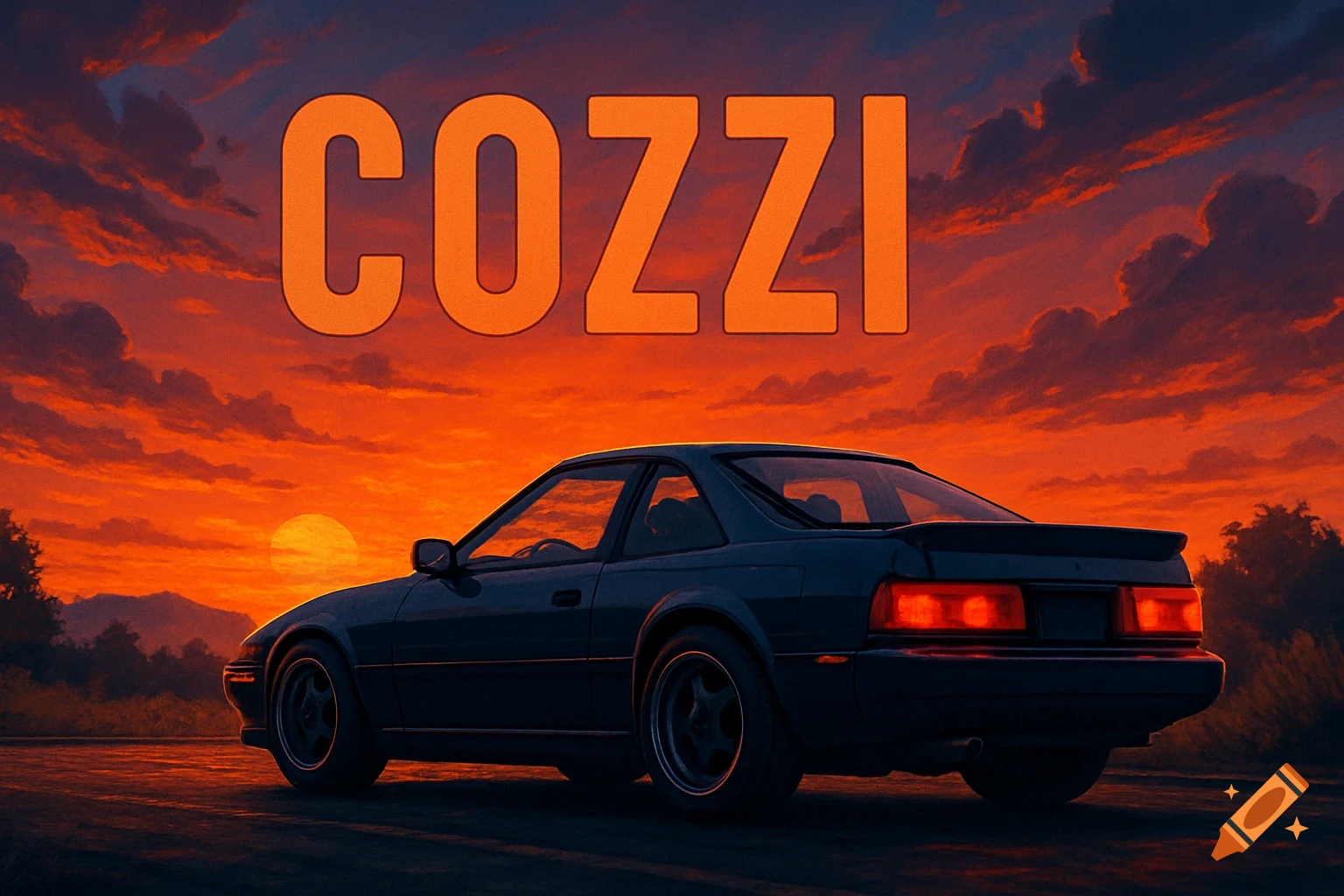Dark car parked at sunset with large orange 'COZZI' text in the sky.