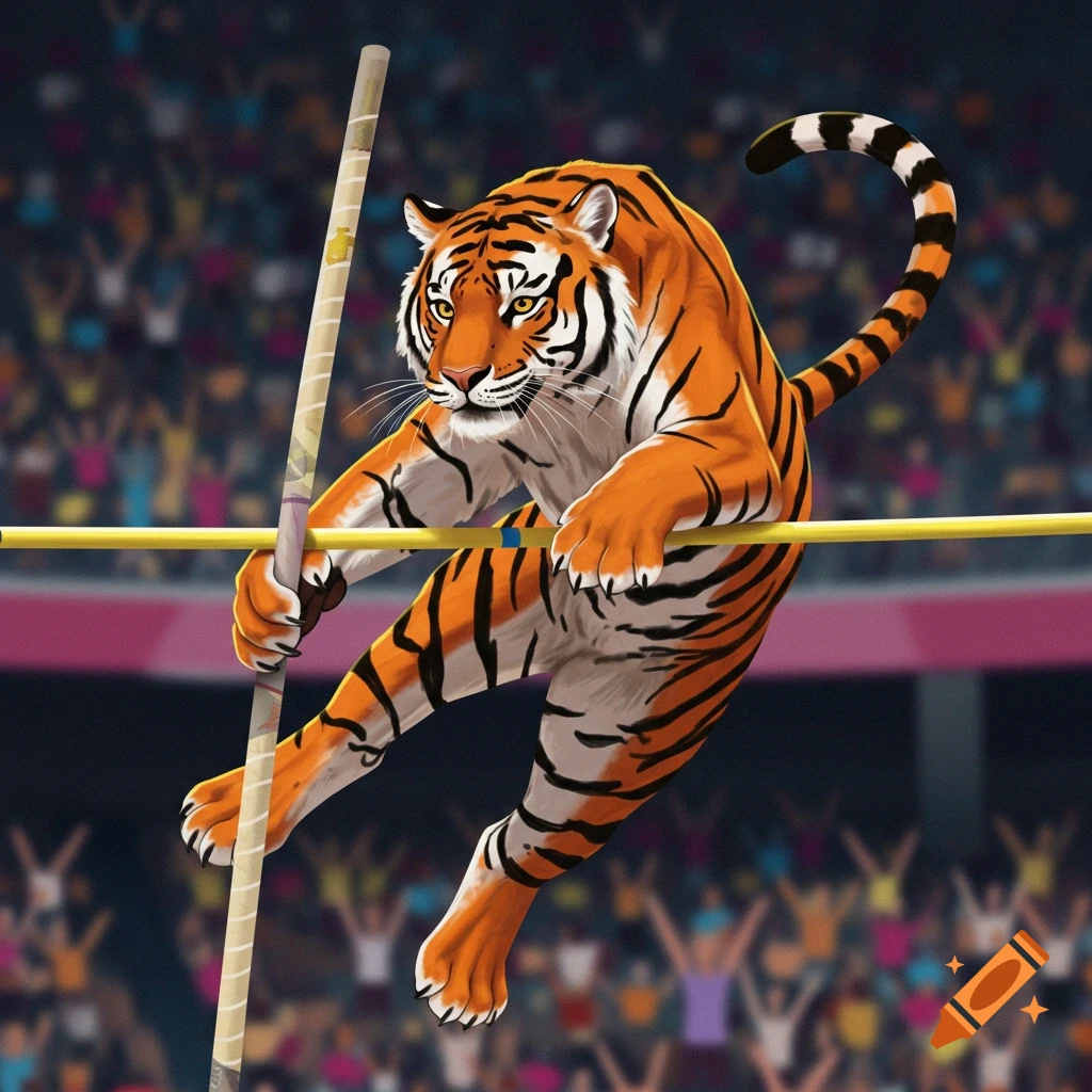 A tiger pole vaults in a stadium.