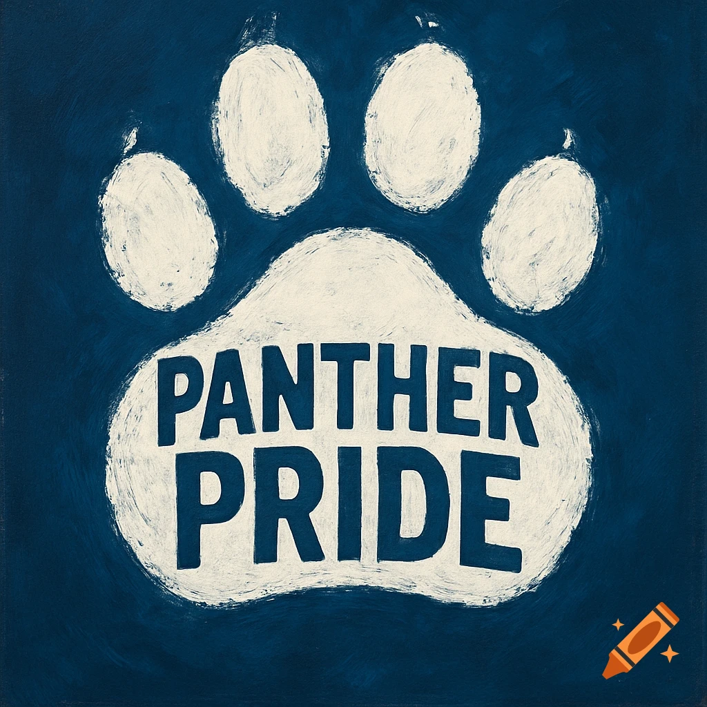 A white panther paw print graphic on a dark blue background with 'PANTHER PRIDE' text inside.