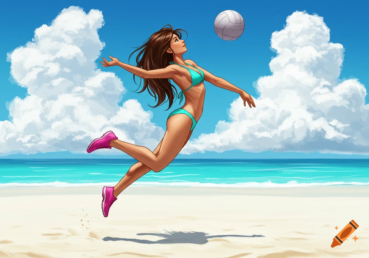 Illustration of a woman in a bikini jumping to hit a volleyball on a beach.