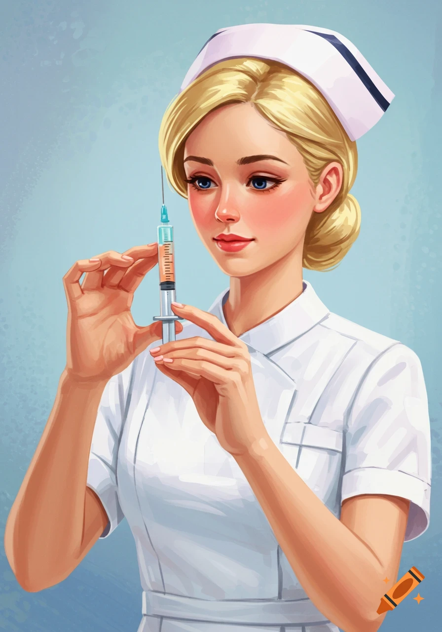 Illustration of a blonde nurse holding a syringe.