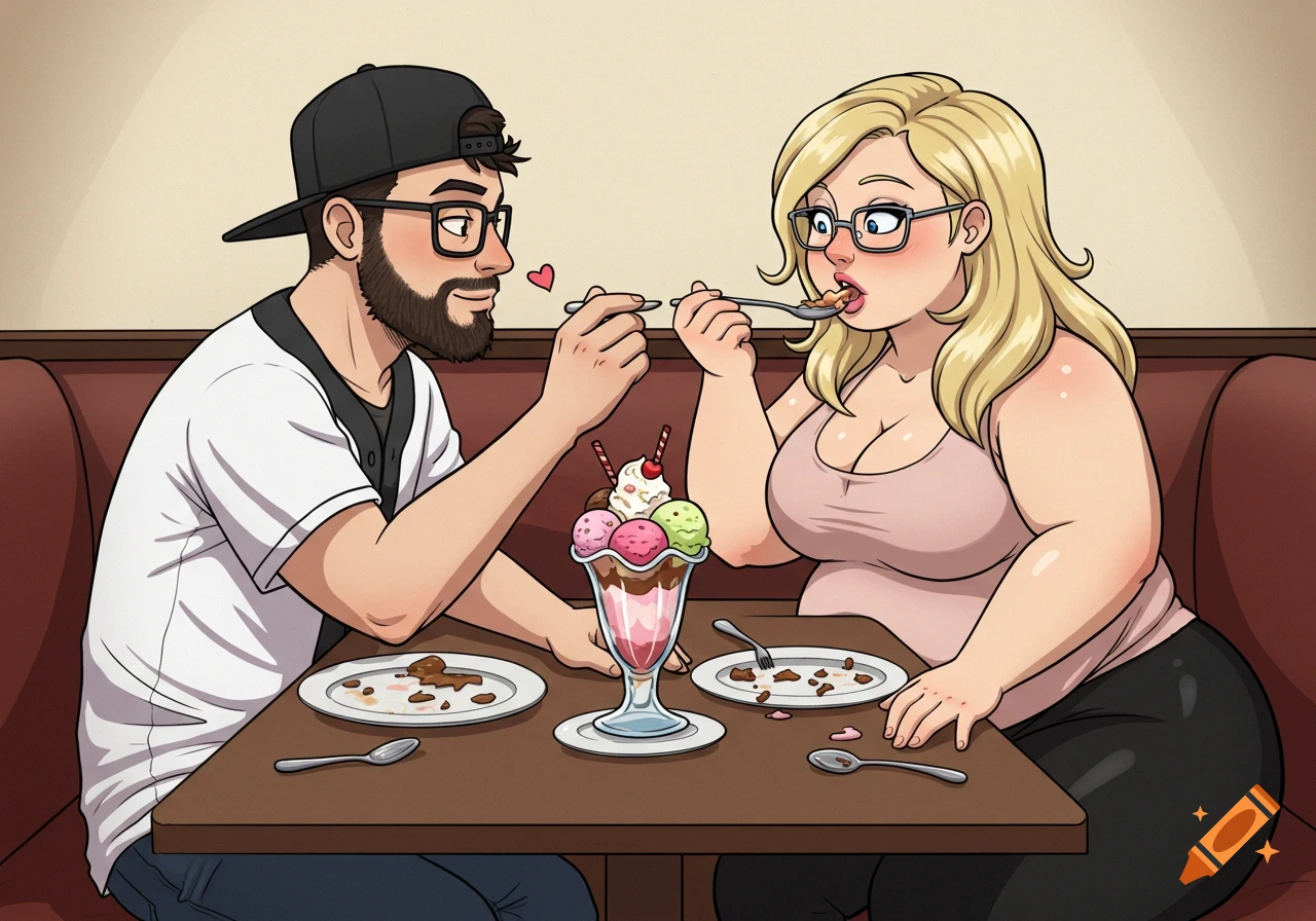 Cartoon of a couple sharing an ice cream sundae in a diner booth.