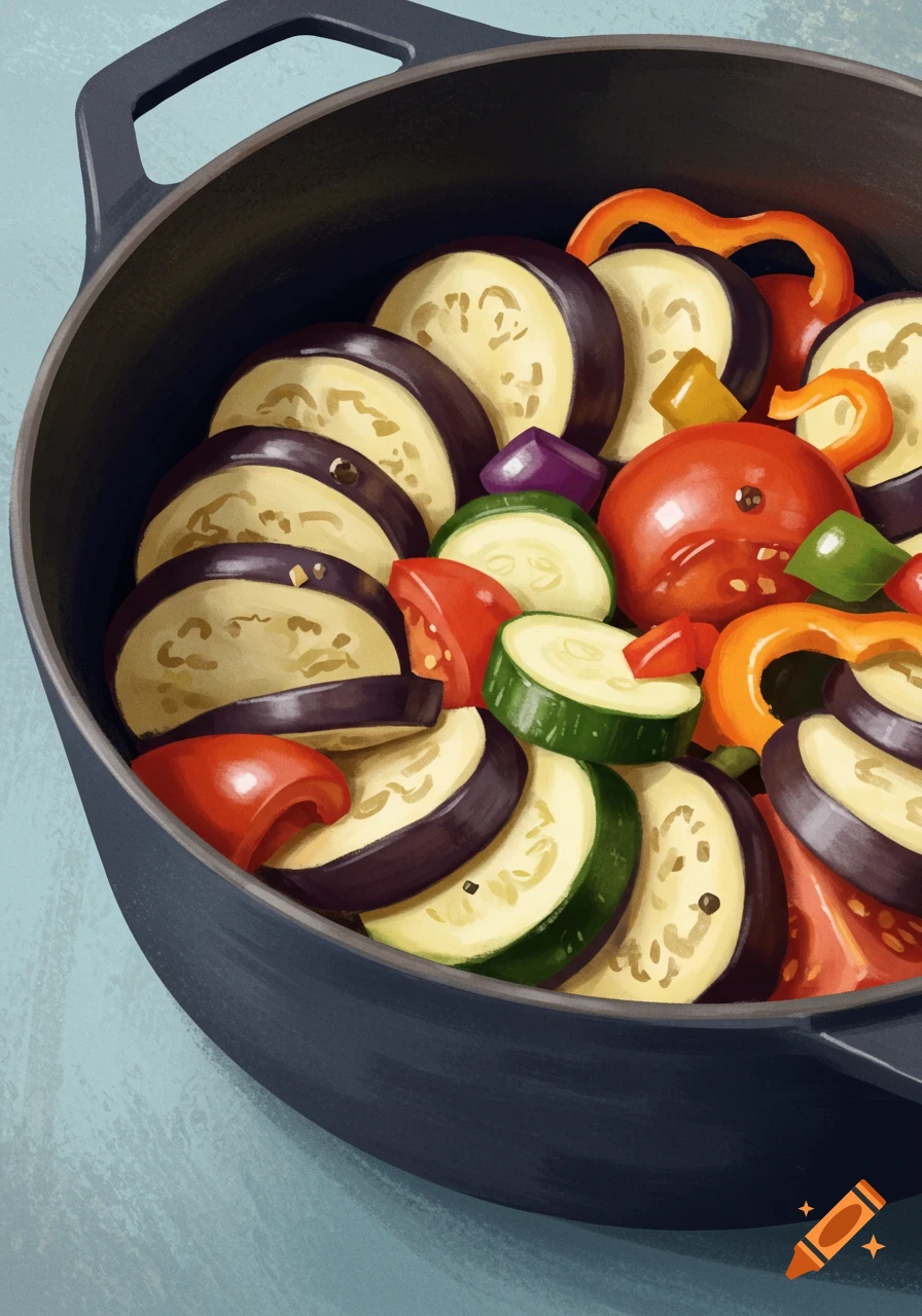 Sliced eggplant, zucchini, tomato, and peppers arranged in a black cooking pot.